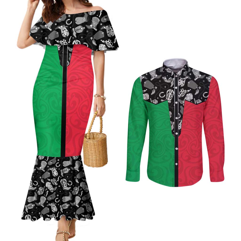 Vanuatu Cowboy Couples Matching Mermaid Dress and Long Sleeve Button Shirt Cowboy Symbols Split Stylized - Polynesian Pride