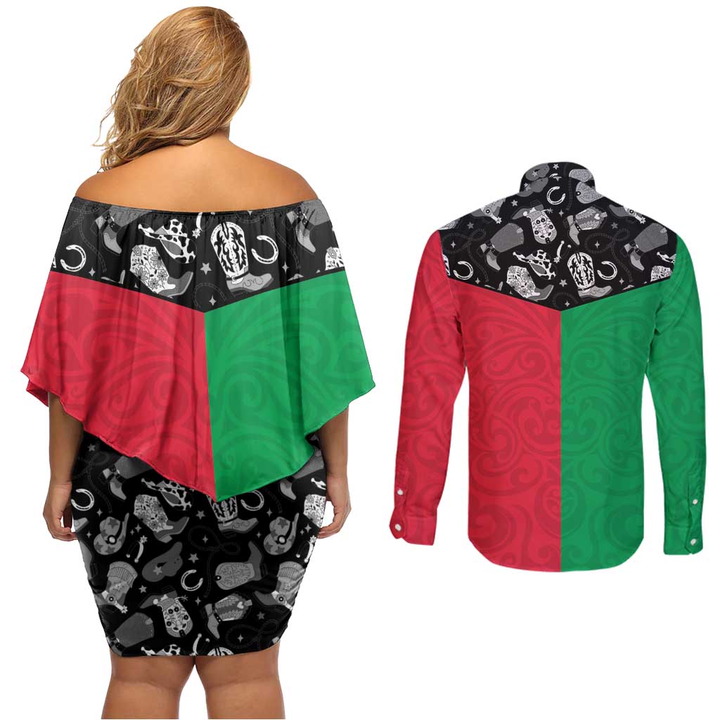 Vanuatu Cowboy Couples Matching Off Shoulder Short Dress and Long Sleeve Button Shirt Cowboy Symbols Split Stylized - Polynesian Pride
