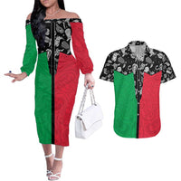 Vanuatu Cowboy Couples Matching Off The Shoulder Long Sleeve Dress and Hawaiian Shirt Cowboy Symbols Split Stylized LT14 Green - Polynesian Pride