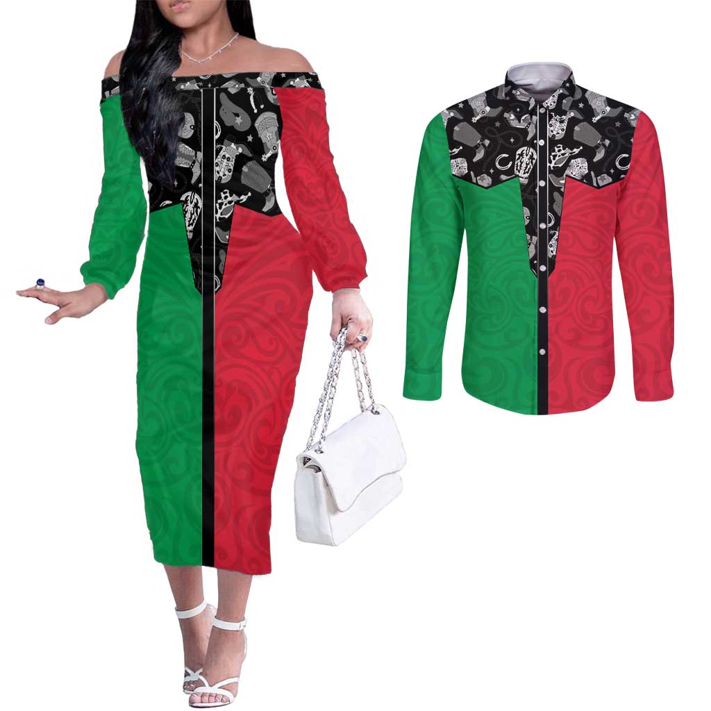 Vanuatu Cowboy Couples Matching Off The Shoulder Long Sleeve Dress and Long Sleeve Button Shirt Cowboy Symbols Split Stylized - Polynesian Pride