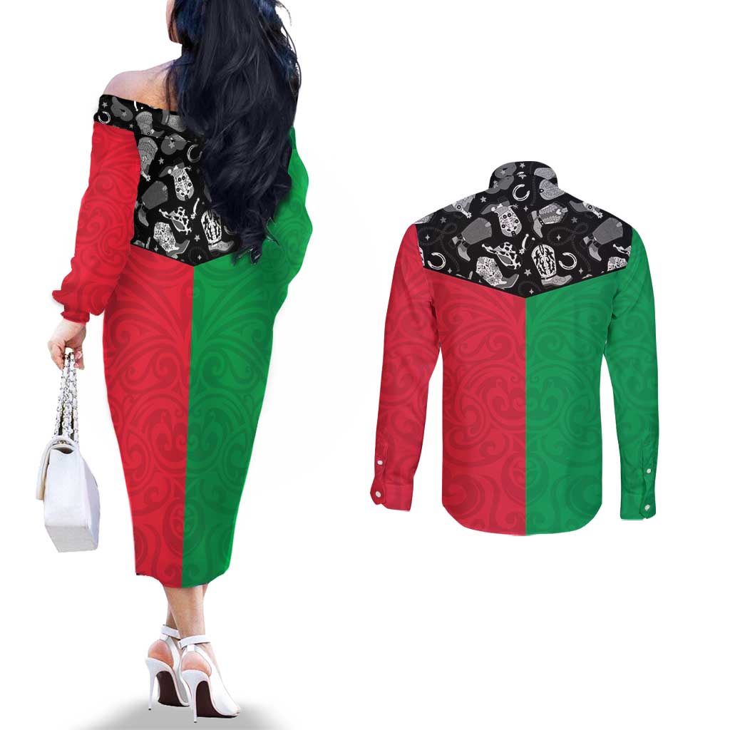 Vanuatu Cowboy Couples Matching Off The Shoulder Long Sleeve Dress and Long Sleeve Button Shirt Cowboy Symbols Split Stylized - Polynesian Pride
