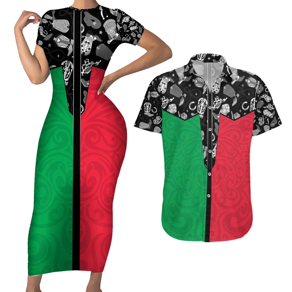 Vanuatu Cowboy Couples Matching Short Sleeve Bodycon Dress and Hawaiian Shirt Cowboy Symbols Split Stylized LT14 Green - Polynesian Pride