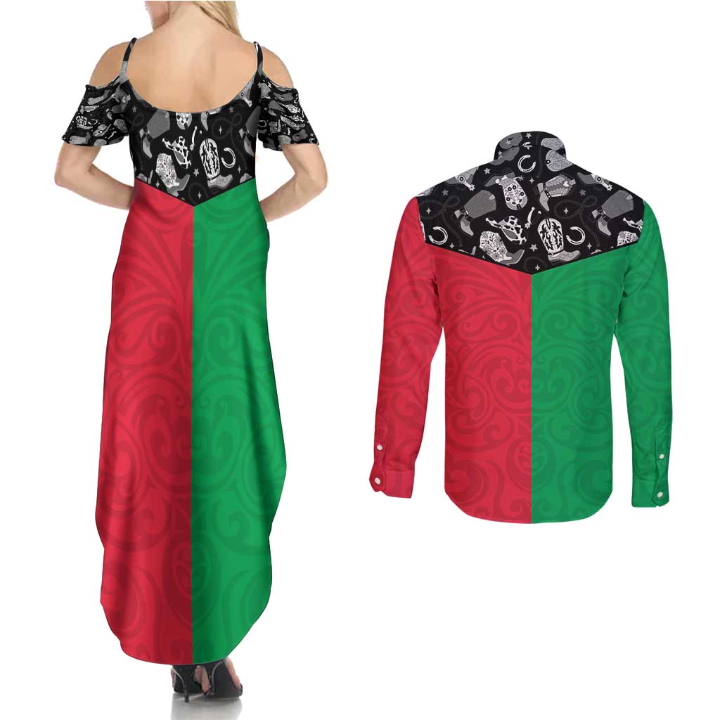 Vanuatu Cowboy Couples Matching Summer Maxi Dress and Long Sleeve Button Shirt Cowboy Symbols Split Stylized - Polynesian Pride