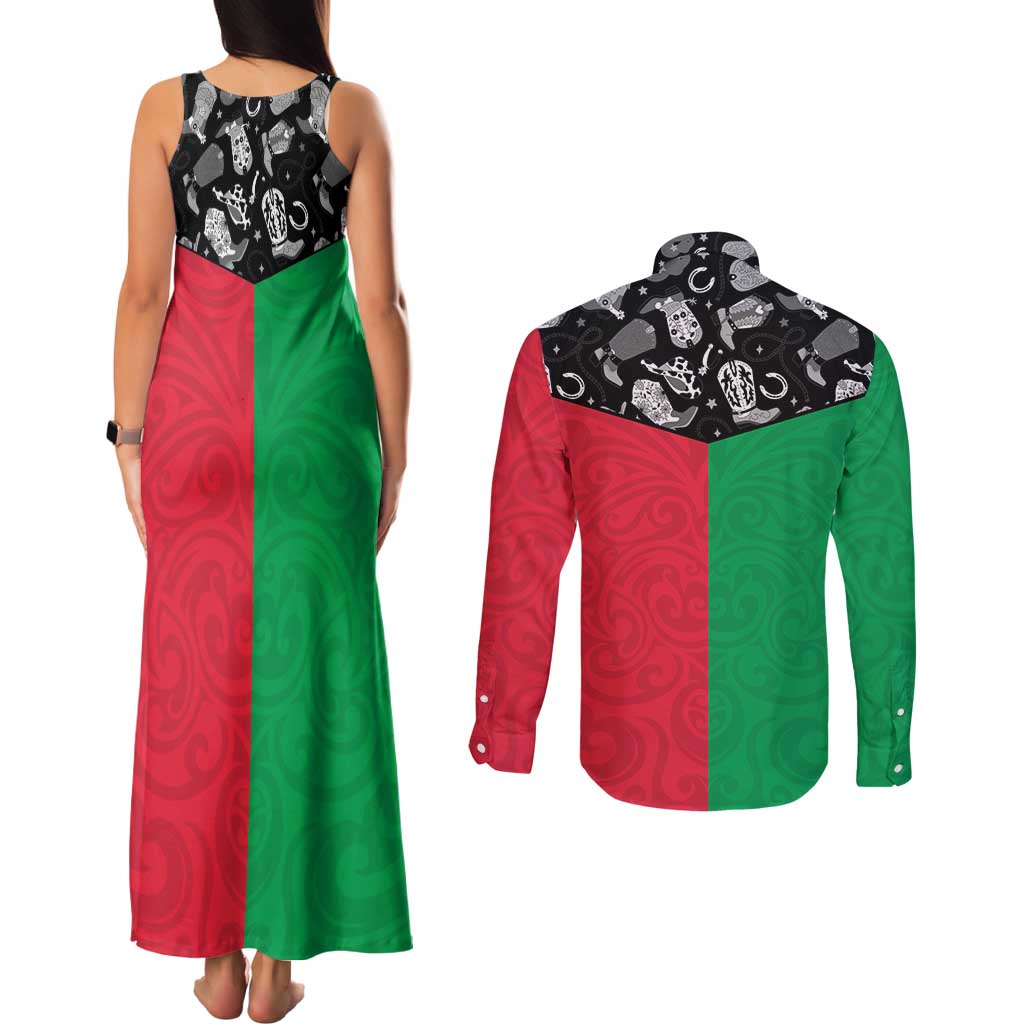 Vanuatu Cowboy Couples Matching Tank Maxi Dress and Long Sleeve Button Shirt Cowboy Symbols Split Stylized LT14 - Polynesian Pride