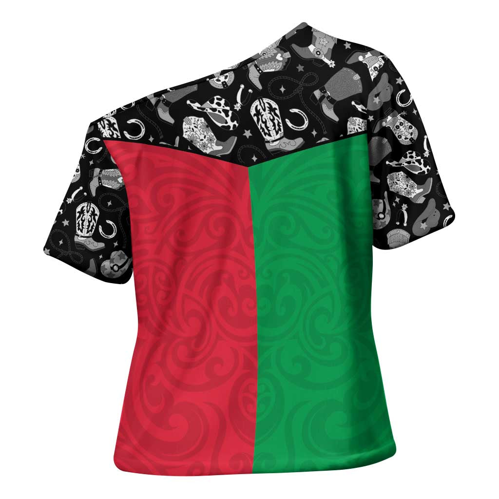 Vanuatu Cowboy Cross Shoulder Shirt Cowboy Symbols Split Stylized - Polynesian Pride