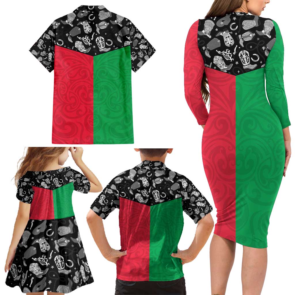 Vanuatu Cowboy Family Matching Long Sleeve Bodycon Dress and Hawaiian Shirt Cowboy Symbols Split Stylized LT14 - Polynesian Pride