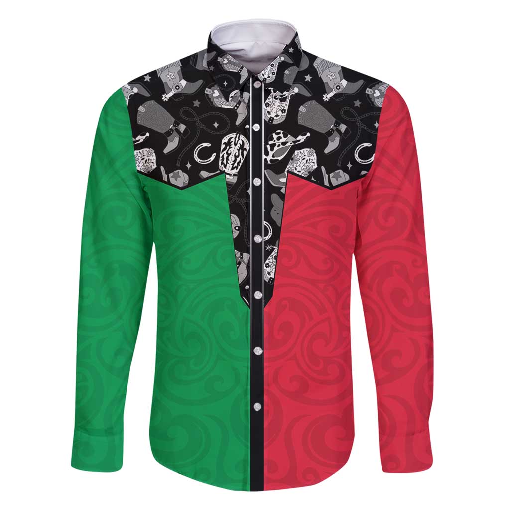 Vanuatu Cowboy Family Matching Long Sleeve Bodycon Dress and Hawaiian Shirt Cowboy Symbols Split Stylized LT14 Dad's Shirt - Long Sleeve Green - Polynesian Pride