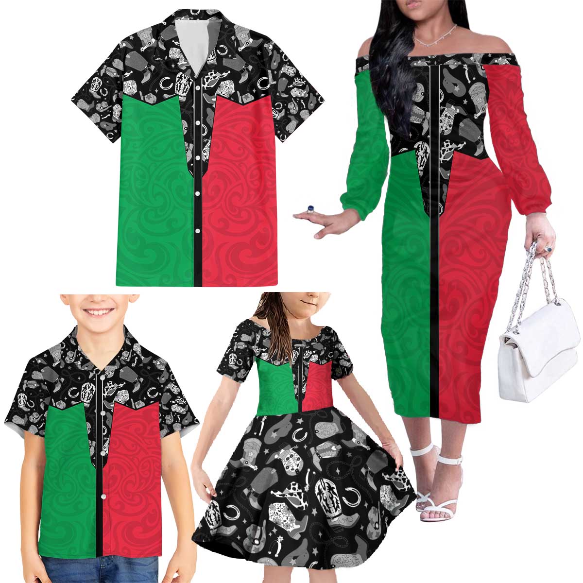 Vanuatu Cowboy Family Matching Off The Shoulder Long Sleeve Dress and Hawaiian Shirt Cowboy Symbols Split Stylized LT14 - Polynesian Pride
