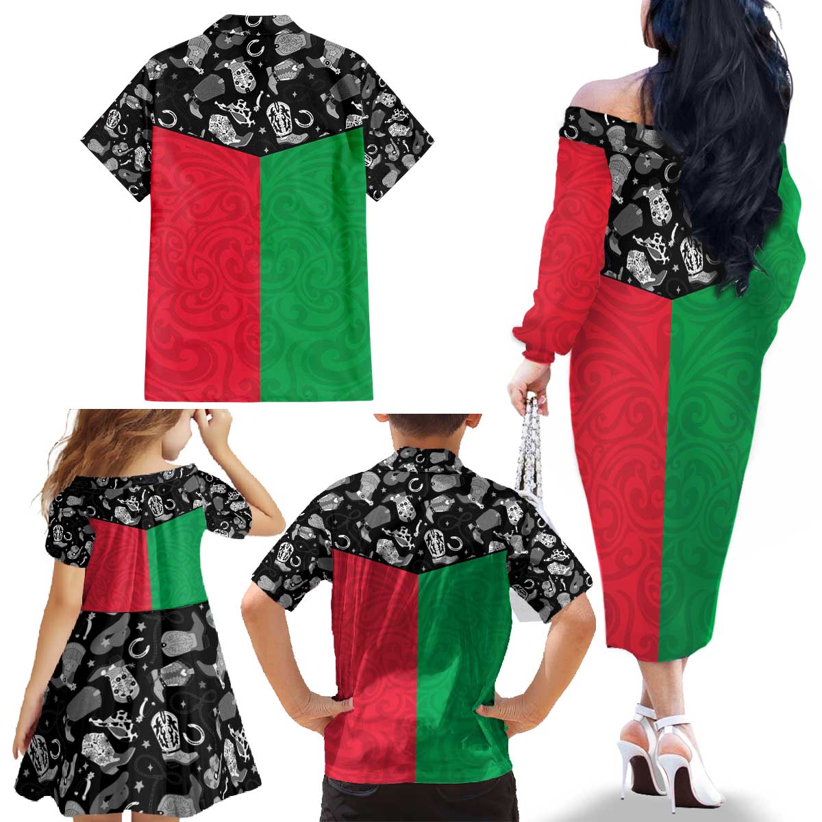 Vanuatu Cowboy Family Matching Off The Shoulder Long Sleeve Dress and Hawaiian Shirt Cowboy Symbols Split Stylized LT14 - Polynesian Pride