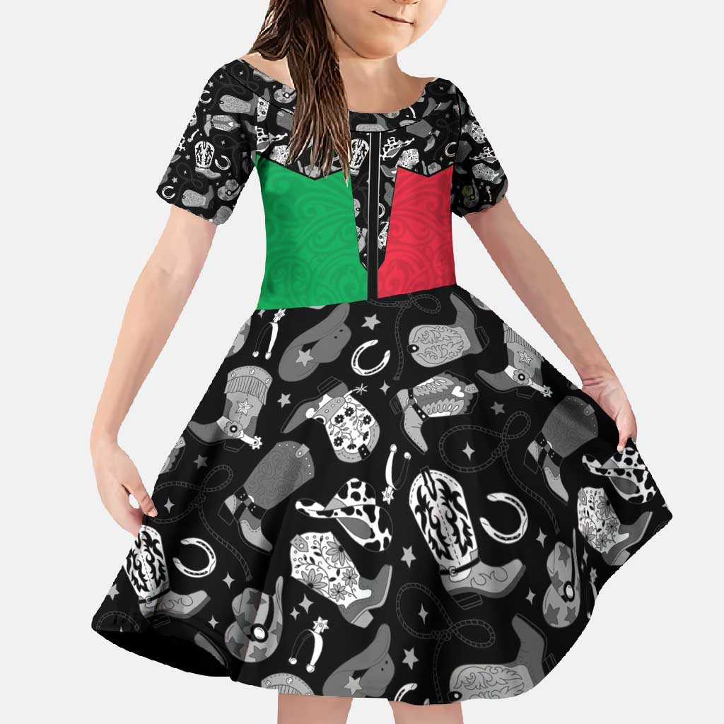 Vanuatu Cowboy Family Matching Off Shoulder Maxi Dress and Hawaiian Shirt Cowboy Symbols Split Stylized LT14 Daughter's Dress Green - Polynesian Pride