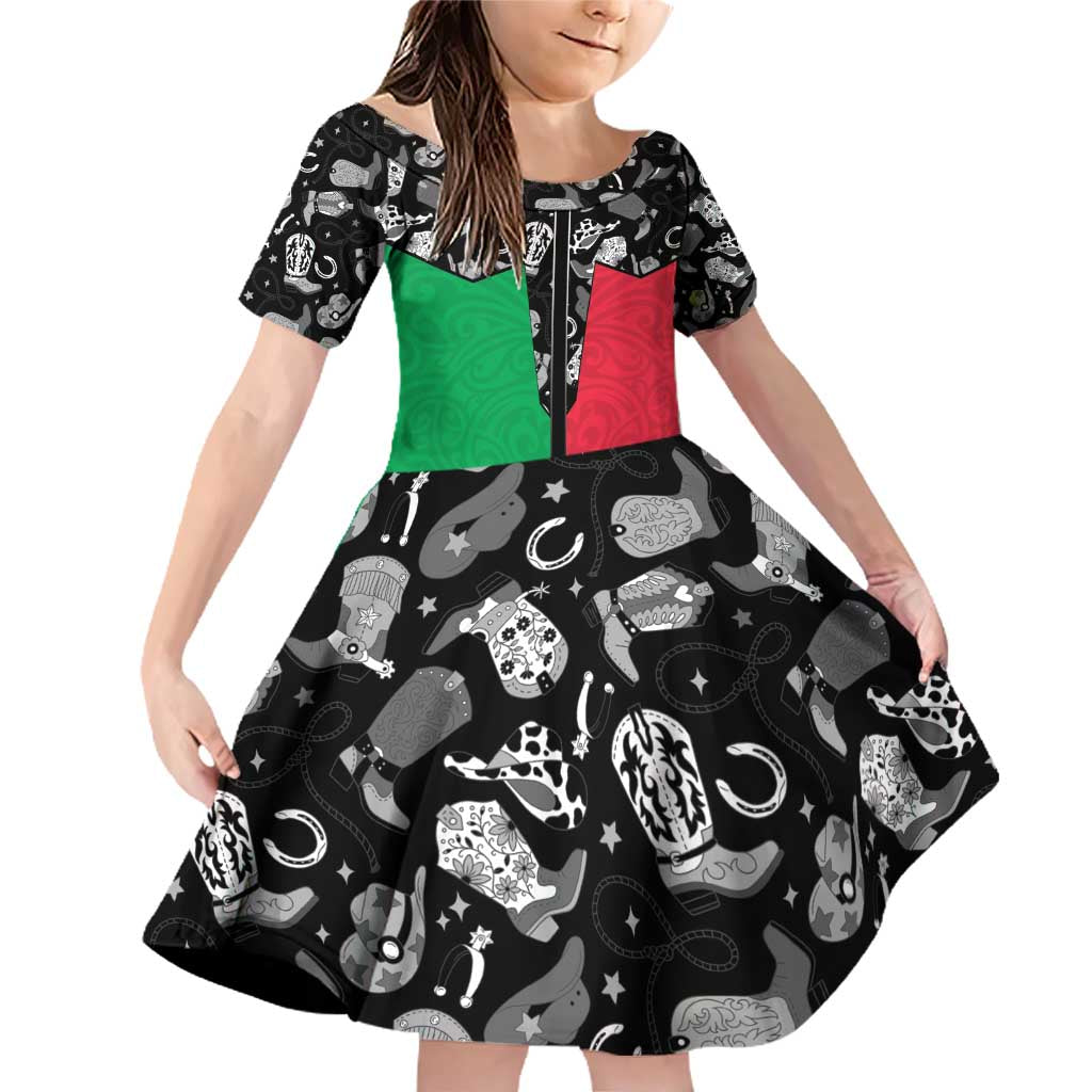 Vanuatu Cowboy Family Matching Off Shoulder Short Dress and Hawaiian Shirt Cowboy Symbols Split Stylized LT14 Daughter's Dress Green - Polynesian Pride