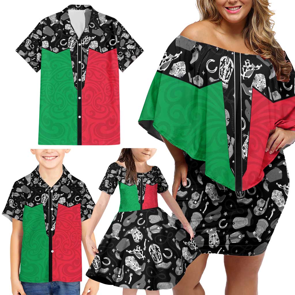Vanuatu Cowboy Family Matching Off Shoulder Short Dress and Hawaiian Shirt Cowboy Symbols Split Stylized LT14 - Polynesian Pride