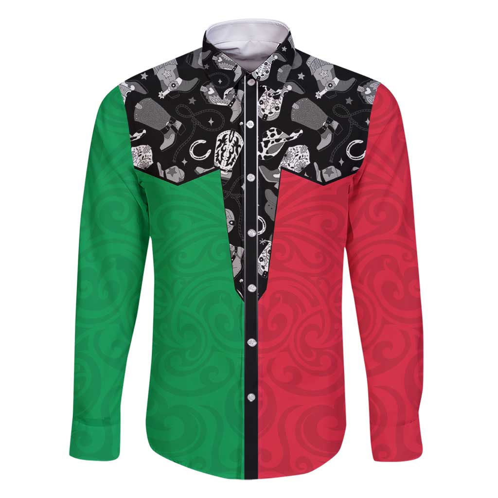 Vanuatu Cowboy Family Matching Short Sleeve Bodycon Dress and Hawaiian Shirt Cowboy Symbols Split Stylized LT14 Dad's Shirt - Long Sleeve Green - Polynesian Pride