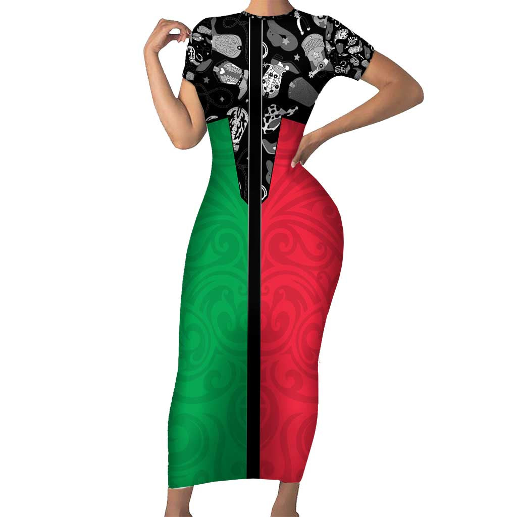 Vanuatu Cowboy Family Matching Short Sleeve Bodycon Dress and Hawaiian Shirt Cowboy Symbols Split Stylized LT14 Mom's Dress Green - Polynesian Pride