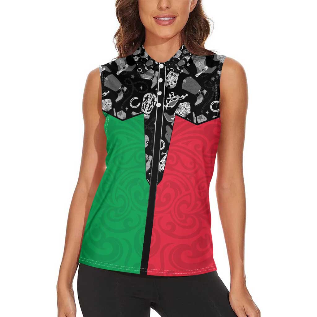 Vanuatu Cowboy Women Sleeveless Polo Shirt Cowboy Symbols Split Stylized - Polynesian Pride