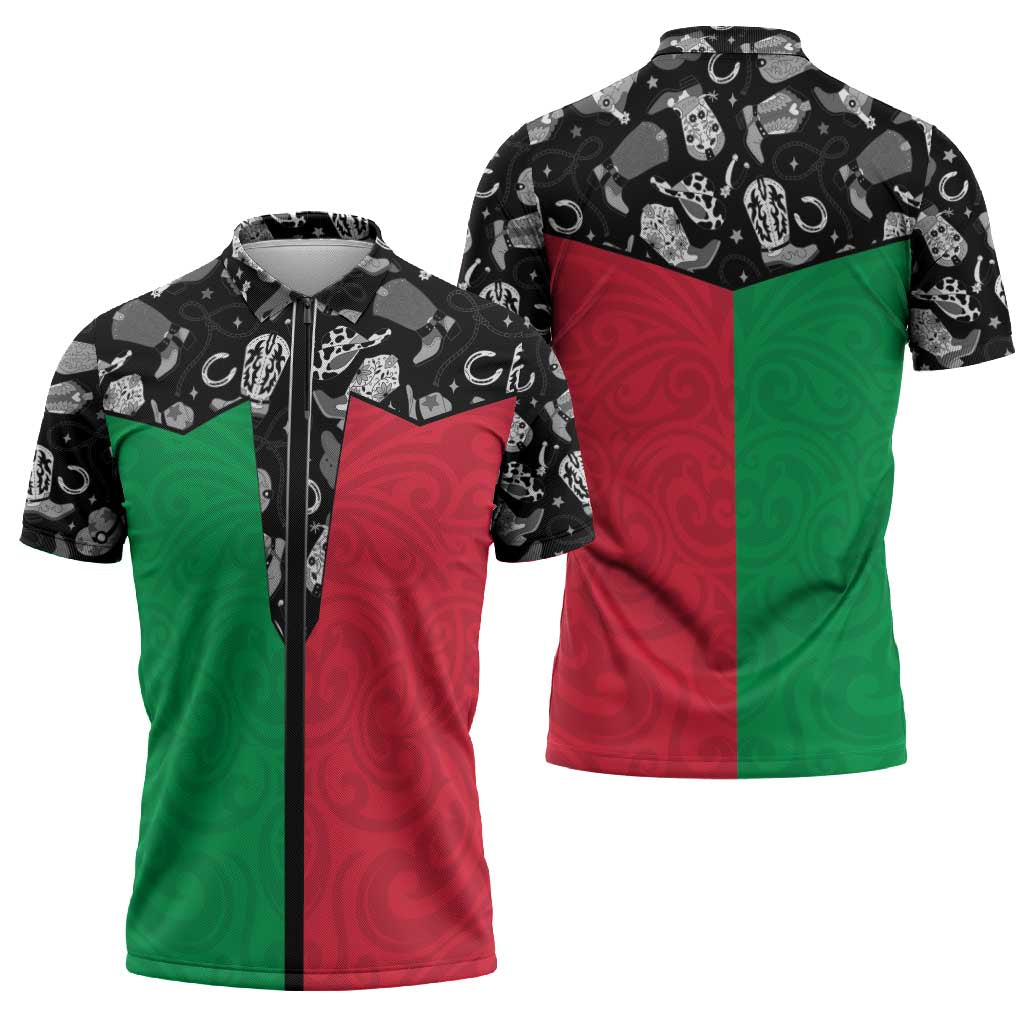 Vanuatu Cowboy Zipper Polo Shirt Cowboy Symbols Split Stylized - Polynesian Pride