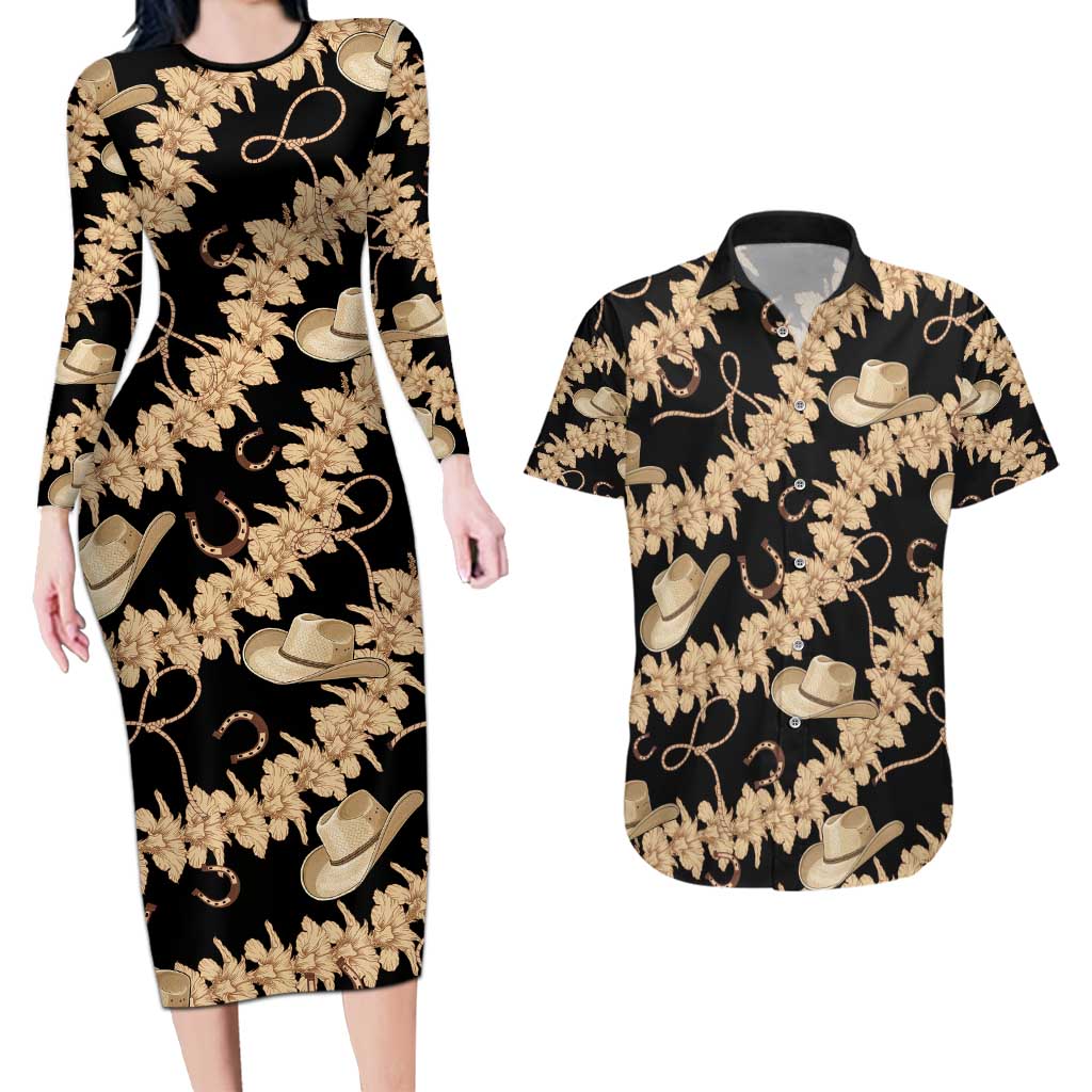 Vanuatu Cowboy Couples Matching Long Sleeve Bodycon Dress and Hawaiian Shirt Seamless Straw Hats Hibiscus LT14 Black - Polynesian Pride