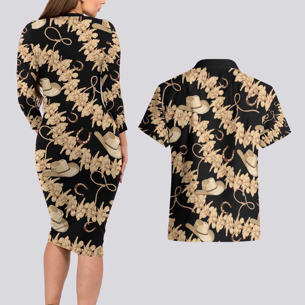 Vanuatu Cowboy Couples Matching Long Sleeve Bodycon Dress and Hawaiian Shirt Seamless Straw Hats Hibiscus LT14 - Polynesian Pride