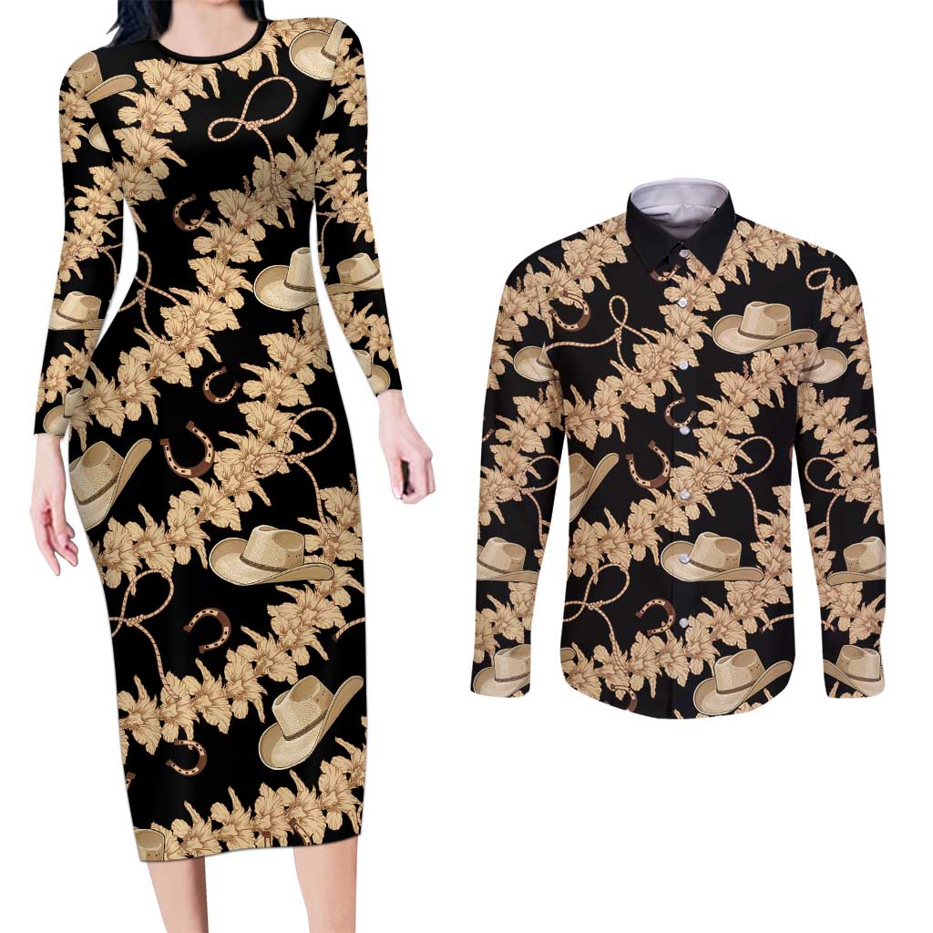 Vanuatu Cowboy Couples Matching Long Sleeve Bodycon Dress and Long Sleeve Button Shirt Seamless Straw Hats Hibiscus LT14 Black - Polynesian Pride