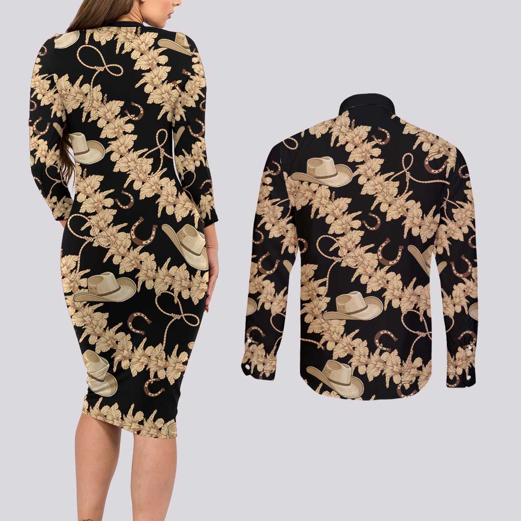 Vanuatu Cowboy Couples Matching Long Sleeve Bodycon Dress and Long Sleeve Button Shirt Seamless Straw Hats Hibiscus LT14 - Polynesian Pride