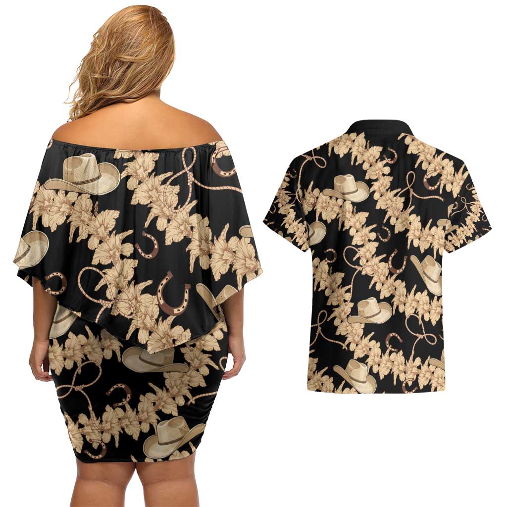 Vanuatu Cowboy Couples Matching Off Shoulder Short Dress and Hawaiian Shirt Seamless Straw Hats Hibiscus LT14 - Polynesian Pride