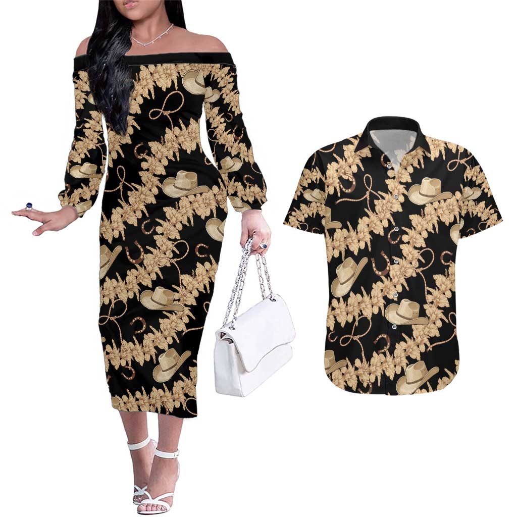 Vanuatu Cowboy Couples Matching Off The Shoulder Long Sleeve Dress and Hawaiian Shirt Seamless Straw Hats Hibiscus LT14 Black - Polynesian Pride