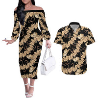 Vanuatu Cowboy Couples Matching Off The Shoulder Long Sleeve Dress and Hawaiian Shirt Seamless Straw Hats Hibiscus LT14 Black - Polynesian Pride