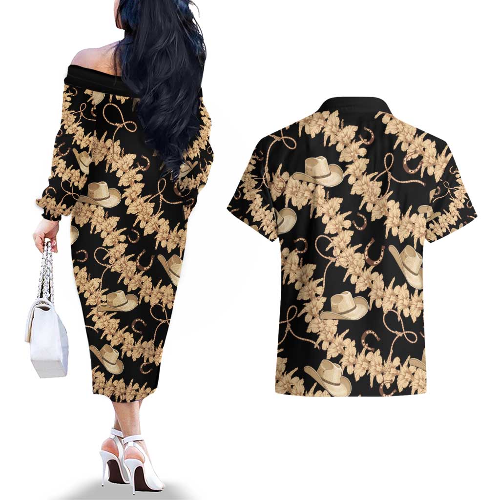 Vanuatu Cowboy Couples Matching Off The Shoulder Long Sleeve Dress and Hawaiian Shirt Seamless Straw Hats Hibiscus LT14 - Polynesian Pride