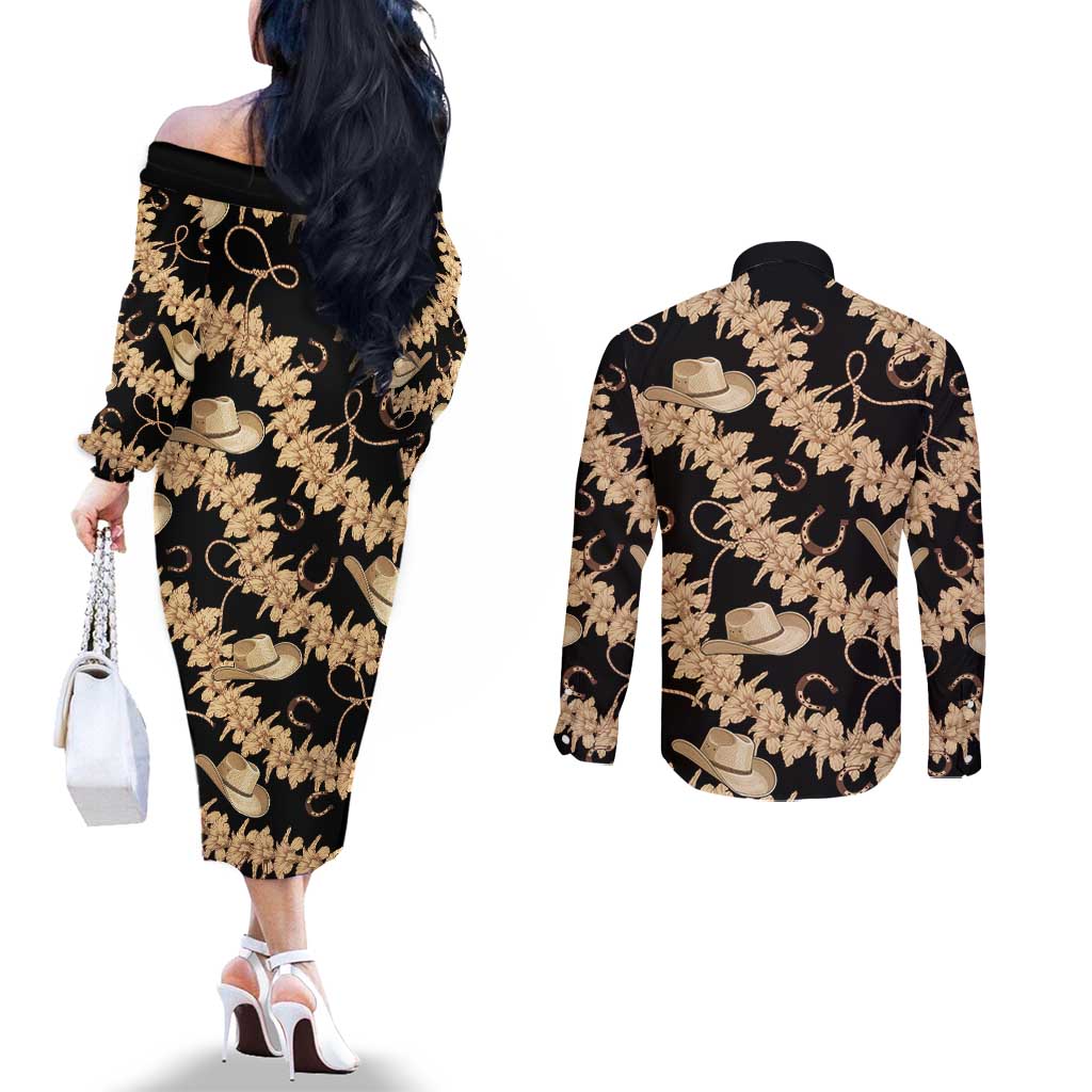 Vanuatu Cowboy Couples Matching Off The Shoulder Long Sleeve Dress and Long Sleeve Button Shirt Seamless Straw Hats Hibiscus LT14 - Polynesian Pride