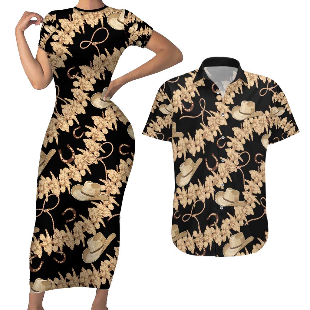 Vanuatu Cowboy Couples Matching Short Sleeve Bodycon Dress and Hawaiian Shirt Seamless Straw Hats Hibiscus LT14 Black - Polynesian Pride