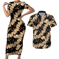 Vanuatu Cowboy Couples Matching Short Sleeve Bodycon Dress and Hawaiian Shirt Seamless Straw Hats Hibiscus LT14 Black - Polynesian Pride