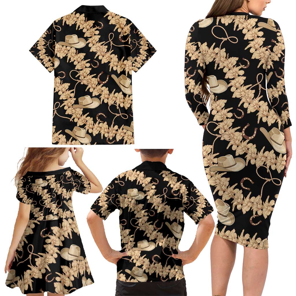 Vanuatu Cowboy Family Matching Long Sleeve Bodycon Dress and Hawaiian Shirt Seamless Straw Hats Hibiscus LT14 - Polynesian Pride