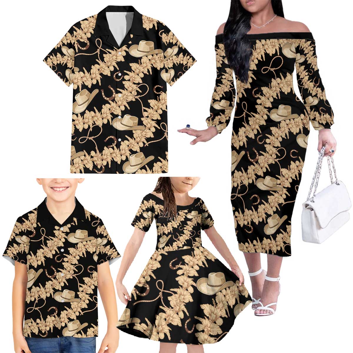 Vanuatu Cowboy Family Matching Off The Shoulder Long Sleeve Dress and Hawaiian Shirt Seamless Straw Hats Hibiscus LT14 - Polynesian Pride