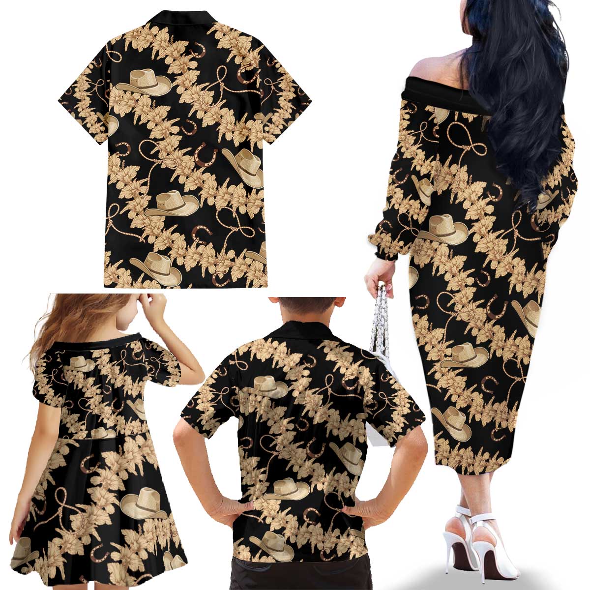 Vanuatu Cowboy Family Matching Off The Shoulder Long Sleeve Dress and Hawaiian Shirt Seamless Straw Hats Hibiscus LT14 - Polynesian Pride