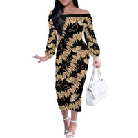 Vanuatu Cowboy Family Matching Off The Shoulder Long Sleeve Dress and Hawaiian Shirt Seamless Straw Hats Hibiscus LT14 Mom's Dress Black - Polynesian Pride