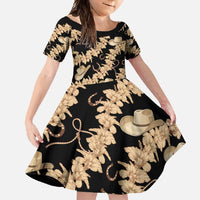Vanuatu Cowboy Family Matching Off Shoulder Maxi Dress and Hawaiian Shirt Seamless Straw Hats Hibiscus LT14 Daughter's Dress Black - Polynesian Pride
