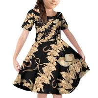 Vanuatu Cowboy Family Matching Off Shoulder Short Dress and Hawaiian Shirt Seamless Straw Hats Hibiscus LT14 Daughter's Dress Black - Polynesian Pride