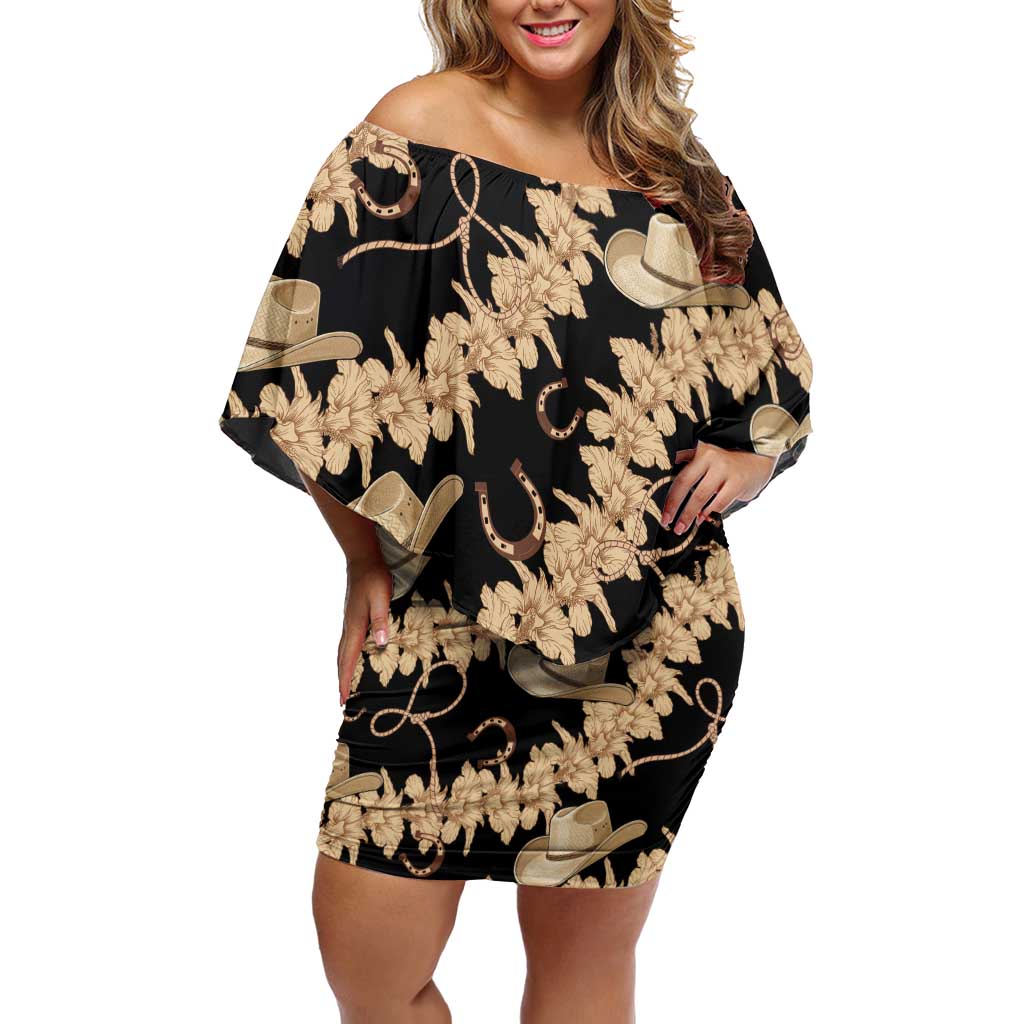 Vanuatu Cowboy Family Matching Off Shoulder Short Dress and Hawaiian Shirt Seamless Straw Hats Hibiscus LT14 Mom's Dress Black - Polynesian Pride