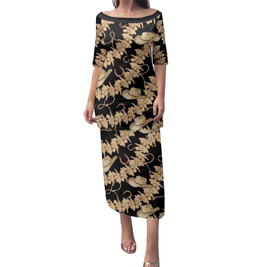 Vanuatu Cowboy Family Matching Puletasi and Hawaiian Shirt Seamless Straw Hats Hibiscus LT14 Mom's Dress Black - Polynesian Pride