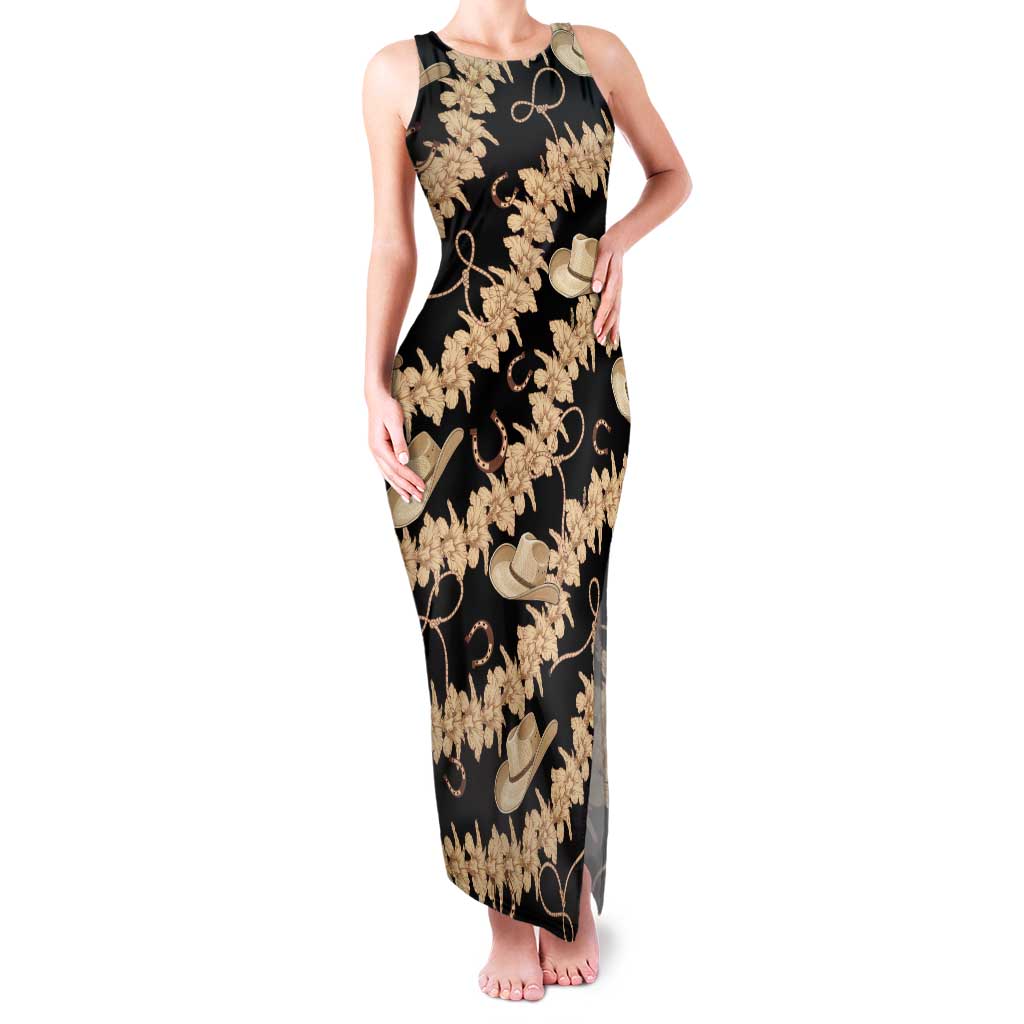 Vanuatu Cowboy Family Matching Tank Maxi Dress and Hawaiian Shirt Seamless Straw Hats Hibiscus LT14 Mom's Dress Black - Polynesian Pride