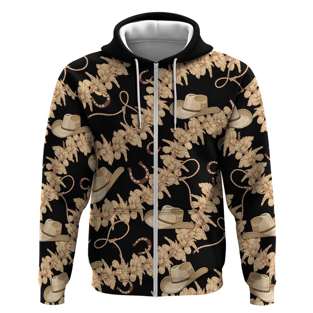 Vanuatu Cowboy Hoodie Seamless Straw Hats Hibiscus LT14 Zip Hoodie Black - Polynesian Pride