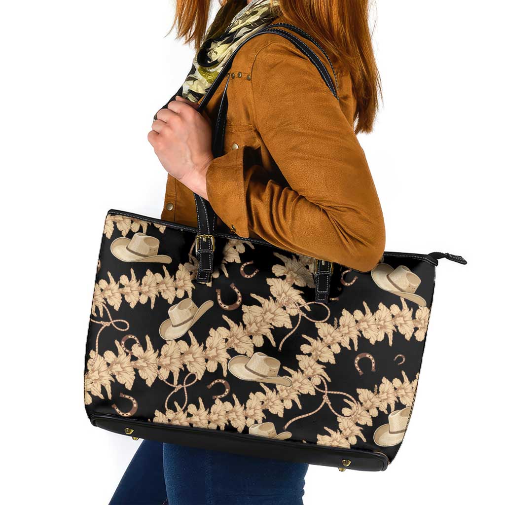 Vanuatu Cowboy Leather Tote Bag Seamless Straw Hats Hibiscus LT14 Black - Polynesian Pride