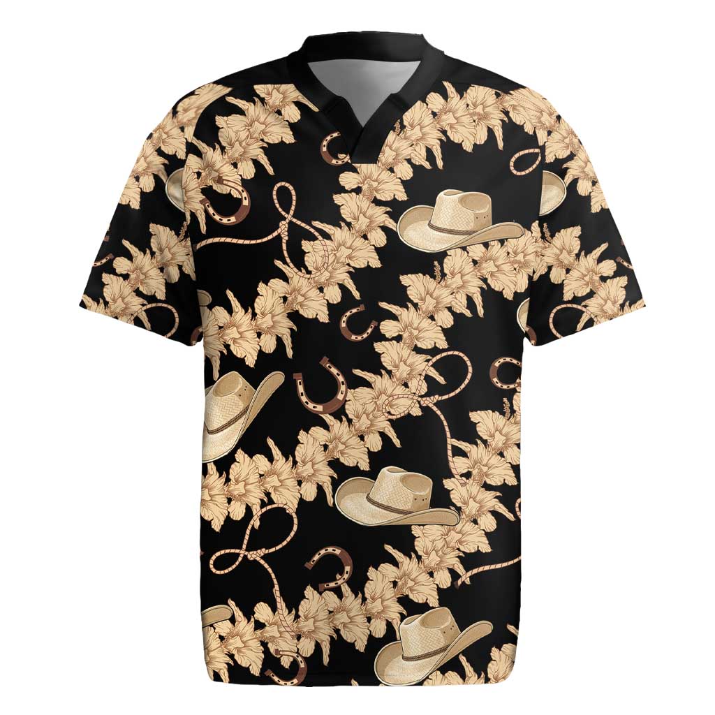 Vanuatu Cowboy Rugby Jersey Seamless Straw Hats Hibiscus LT14 Black - Polynesian Pride