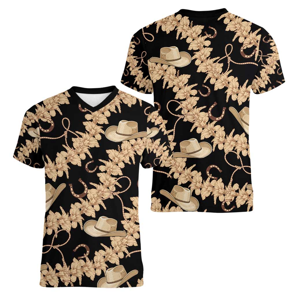 Vanuatu Cowboy Women V-Neck T-Shirt Seamless Straw Hats Hibiscus - Polynesian Pride