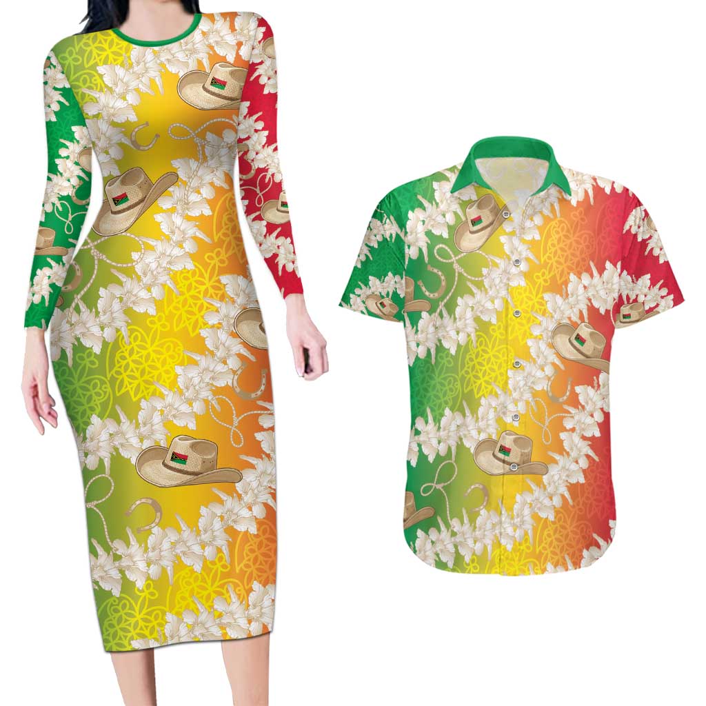 Vanuatu Cowboy Couples Matching Long Sleeve Bodycon Dress and Hawaiian Shirt Straw Hats Hibiscus With Sand Drawing LT14 Reggae - Polynesian Pride