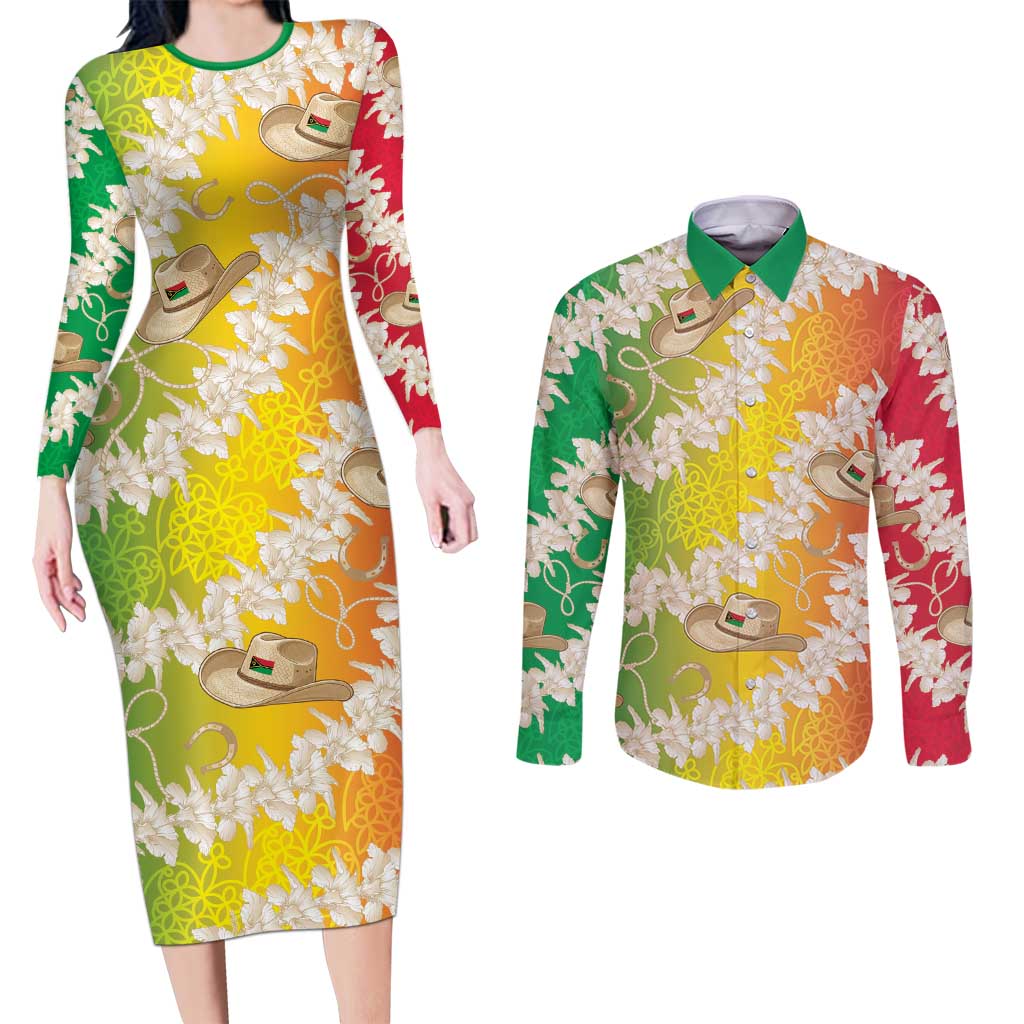 Vanuatu Cowboy Couples Matching Long Sleeve Bodycon Dress and Long Sleeve Button Shirt Straw Hats Hibiscus With Sand Drawing LT14 Reggae - Polynesian Pride