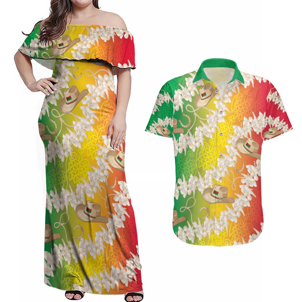 Vanuatu Cowboy Couples Matching Off Shoulder Maxi Dress and Hawaiian Shirt Straw Hats Hibiscus With Sand Drawing LT14 Reggae - Polynesian Pride