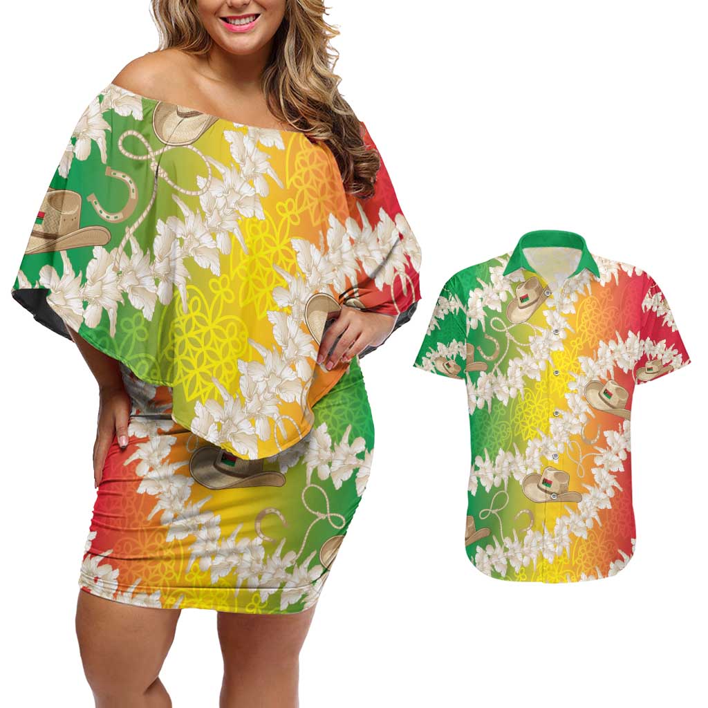 Vanuatu Cowboy Couples Matching Off Shoulder Short Dress and Hawaiian Shirt Straw Hats Hibiscus With Sand Drawing LT14 Reggae - Polynesian Pride