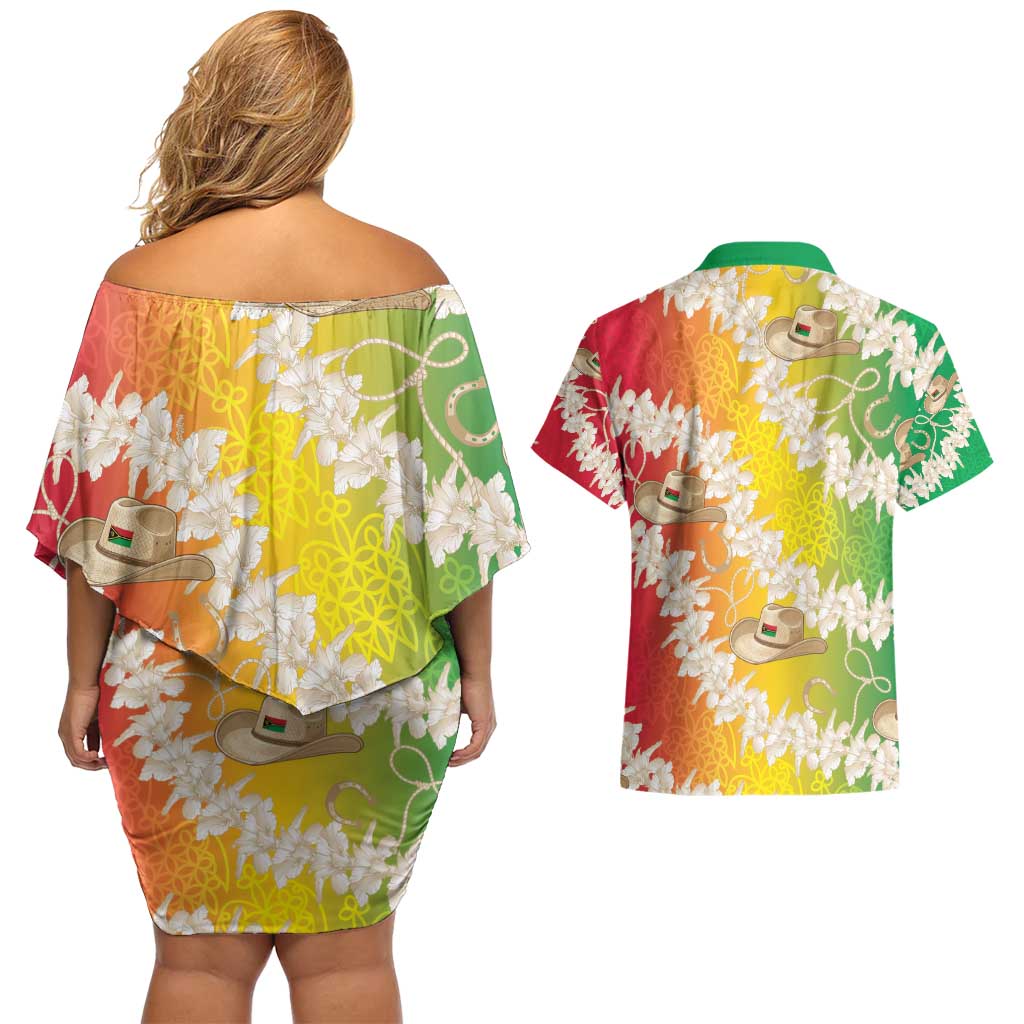 Vanuatu Cowboy Couples Matching Off Shoulder Short Dress and Hawaiian Shirt Straw Hats Hibiscus With Sand Drawing LT14 - Polynesian Pride