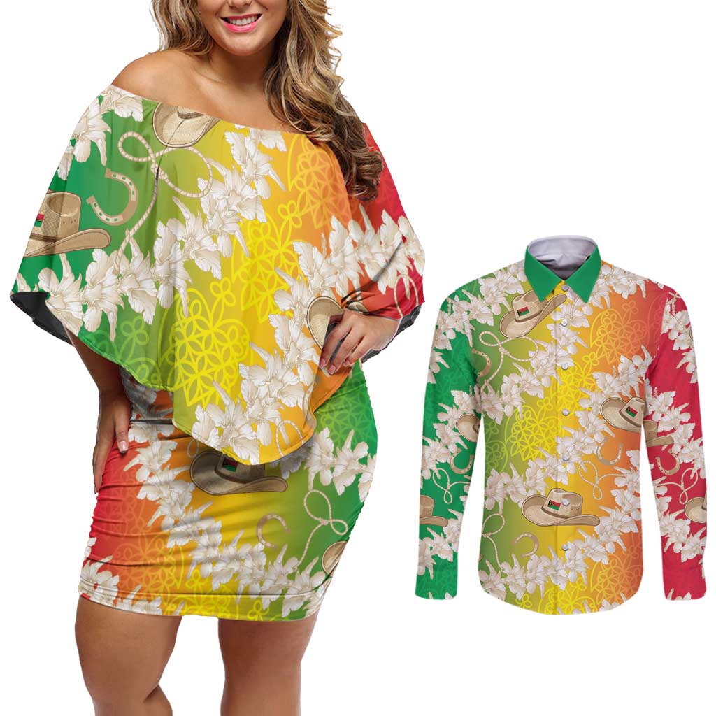 Vanuatu Cowboy Couples Matching Off Shoulder Short Dress and Long Sleeve Button Shirt Straw Hats Hibiscus With Sand Drawing LT14 Reggae - Polynesian Pride